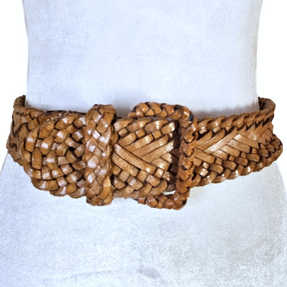 Braided Woven Leather Belt Women's Medium Wide Tan Boho Western Festival Y2K
